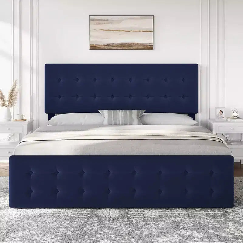 Cadre de lit queen-size avec 4 tiroirs de rangement, tête de lit en velours capitonnée, support à lattes en bois, capitonnage à boutons, matelas sans ressort requis.