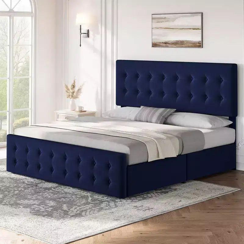 Cadre de lit queen-size avec 4 tiroirs de rangement, tête de lit en velours capitonnée, support à lattes en bois, capitonnage à boutons, matelas sans ressort requis.