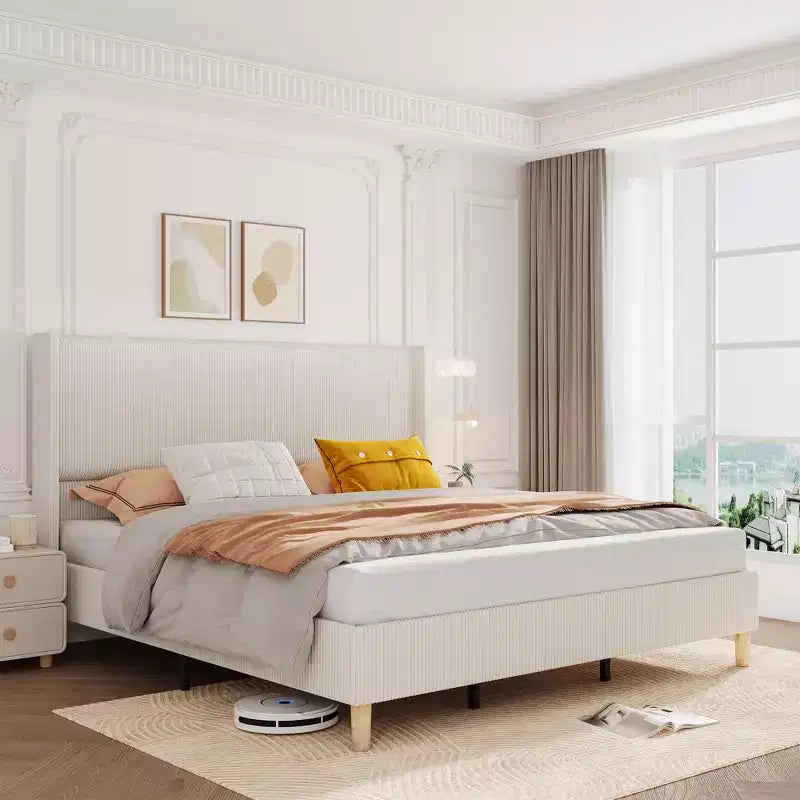 Bed frame, corduroy upholstered with metal trim, support strips with foam padding, upholstered headboard, and protective wings.