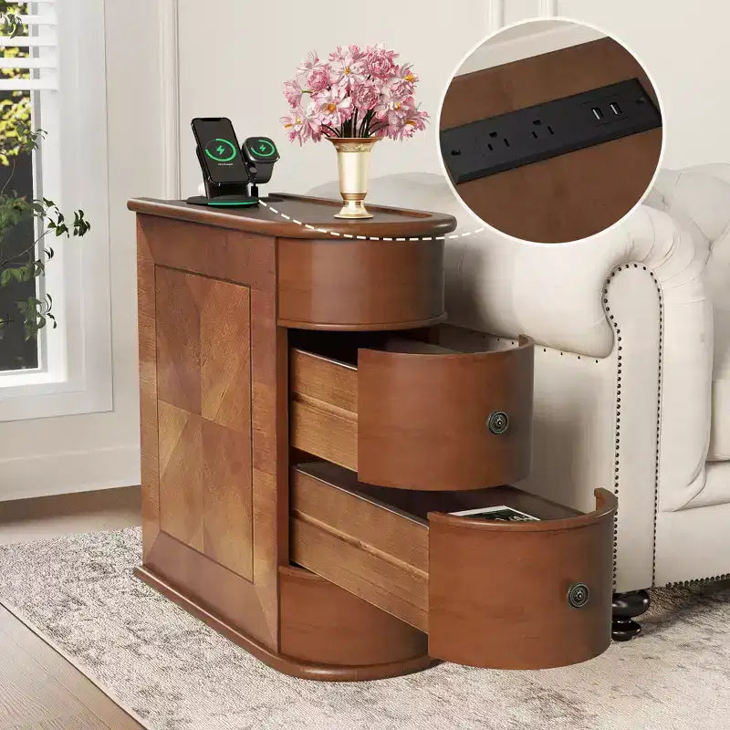 End Table with Charging Station, Sofa Side Table with Drawers, Accent Table Nighstand, No Assembly Required, Walnut - ModernLuxe