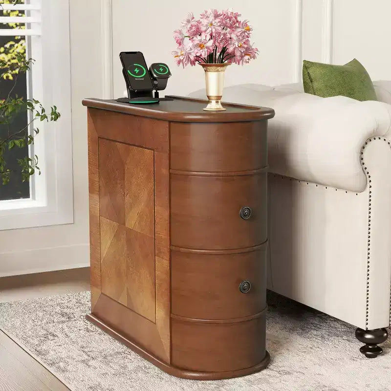 Table d'appoint avec station de recharge, Table d'appoint de canapé avec tiroirs, Table de chevet d'appoint, Aucun assemblage requis, Noyer