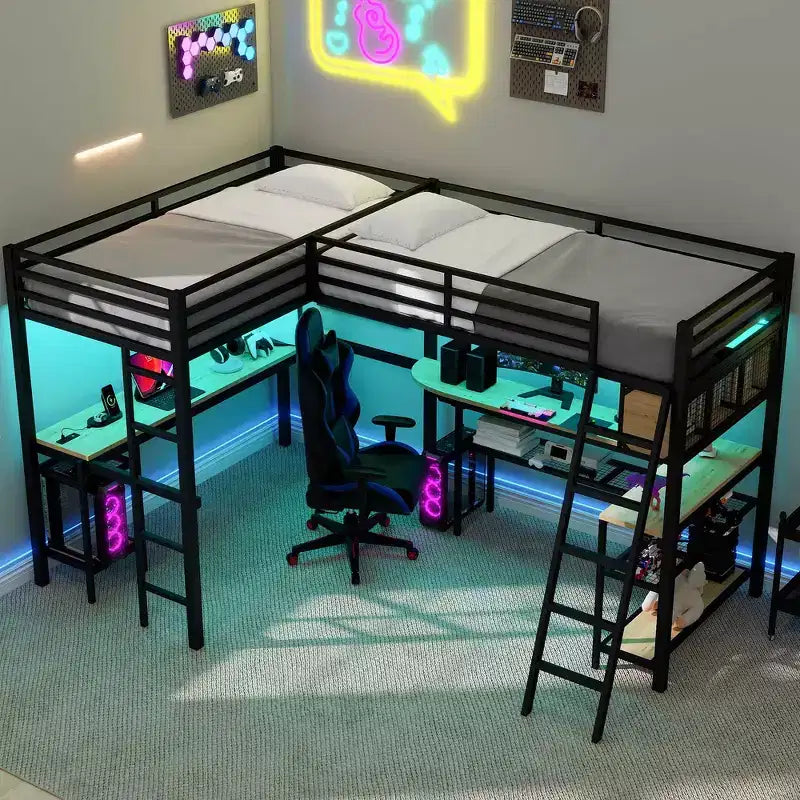 Whisen Twin Metal L-Shaped Loft Bed with Storage Shelves, 2 Built-in Desks - Black