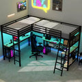 Whisen Twin Metal L-Shaped Loft Bed with Storage Shelves, 2 Built-in Desks - Black