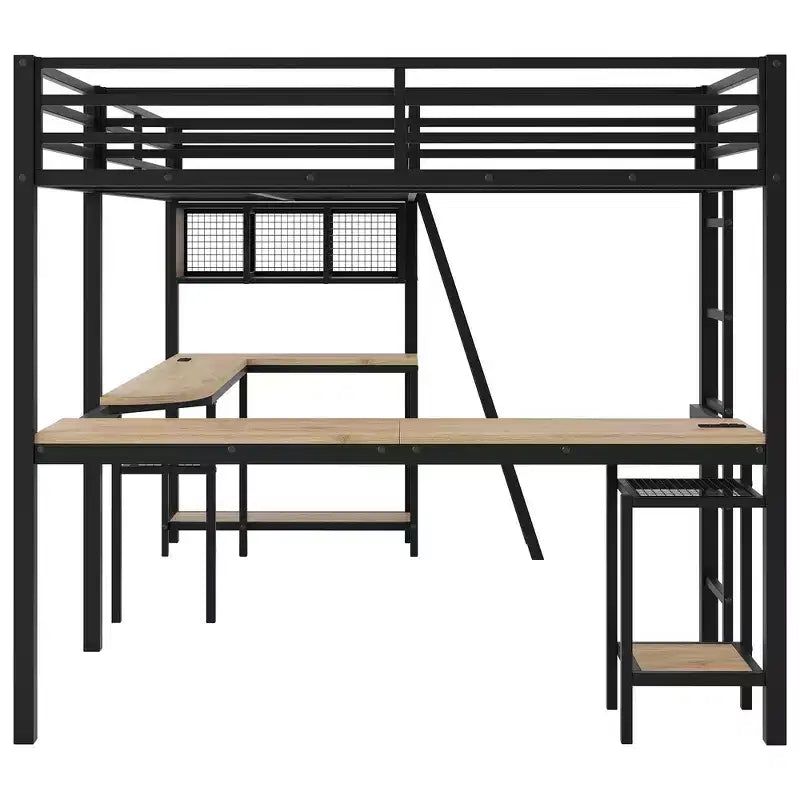 Lit mezzanine d'angle en métal avec étagères de rangement, 2 bureaux intégrés - Noir
