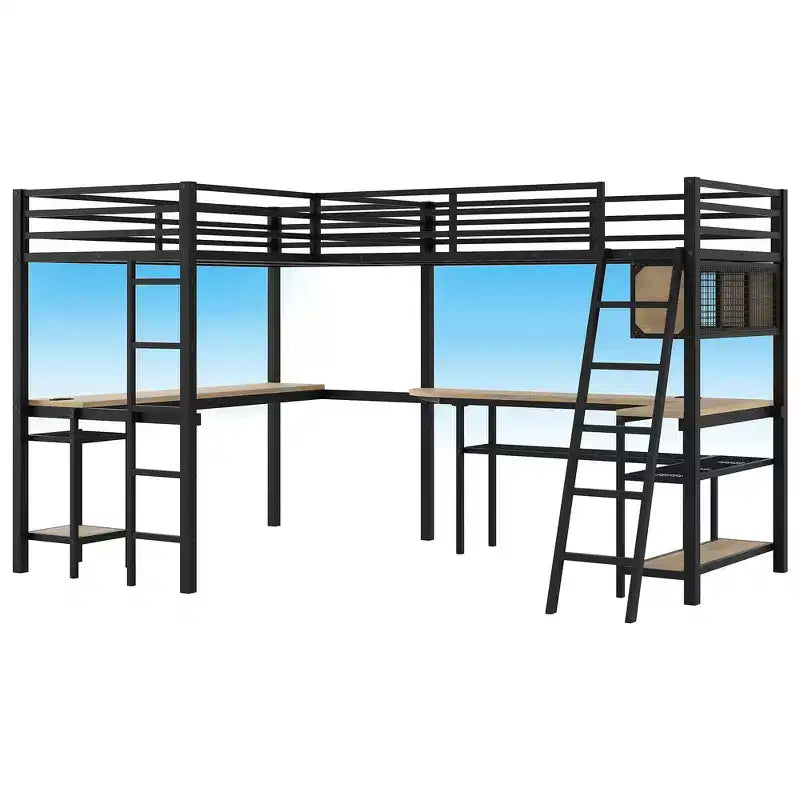 Lit mezzanine d'angle en métal avec étagères de rangement, 2 bureaux intégrés - Noir
