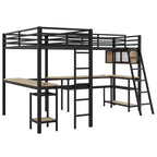 Lit mezzanine d'angle en métal avec étagères de rangement, 2 bureaux intégrés - Noir