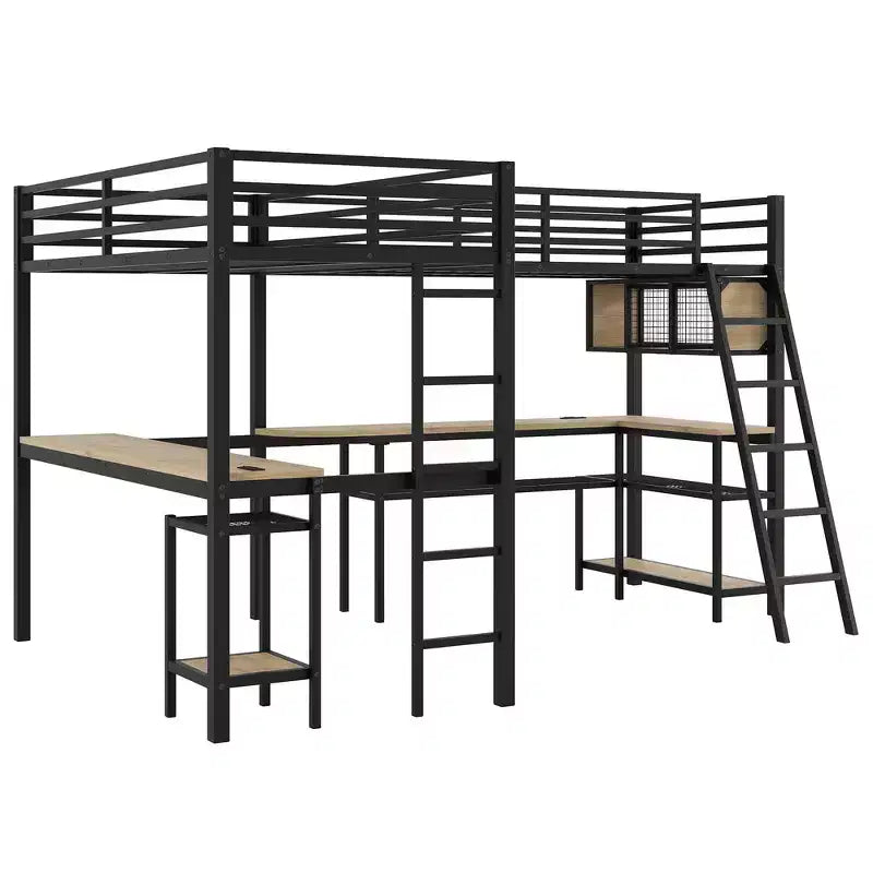 Lit mezzanine d'angle en métal avec étagères de rangement, 2 bureaux intégrés - Noir