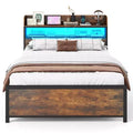 Coatway Full/Queen/King Bed Frame with LED Lights Power Outlets Storage Headboard Metal Slat Support