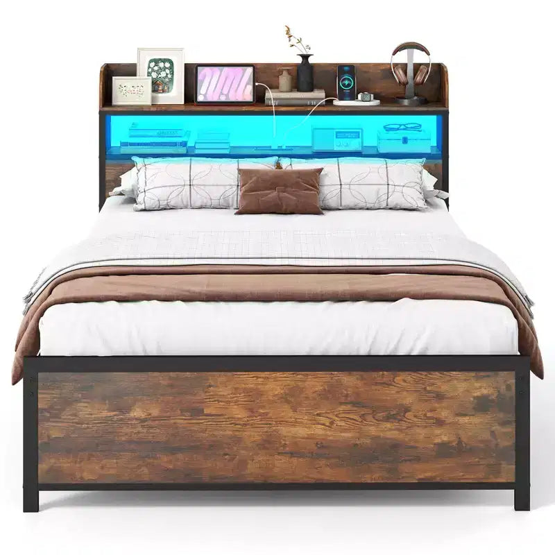 Coatway Full/Queen/King Bed Frame with LED Lights Power Outlets Storage Headboard Metal Slat Support