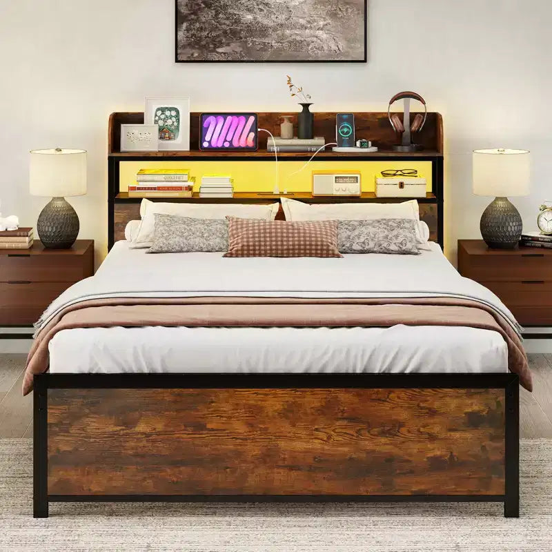 Cadre de lit double/grand lit/très grand lit avec lumières LED, prises de courant, tête de lit de rangement, support à lattes métalliques