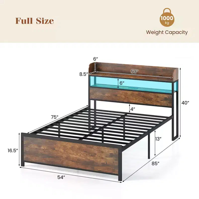 Cadre de lit double/grand lit/très grand lit avec lumières LED, prises de courant, tête de lit de rangement, support à lattes métalliques