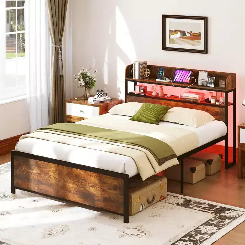 Cadre de lit double/grand lit/très grand lit avec lumières LED, prises de courant, tête de lit de rangement, support à lattes métalliques