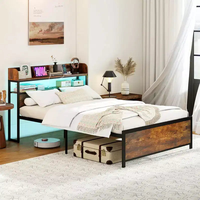 Cadre de lit double/grand lit/très grand lit avec lumières LED, prises de courant, tête de lit de rangement, support à lattes métalliques