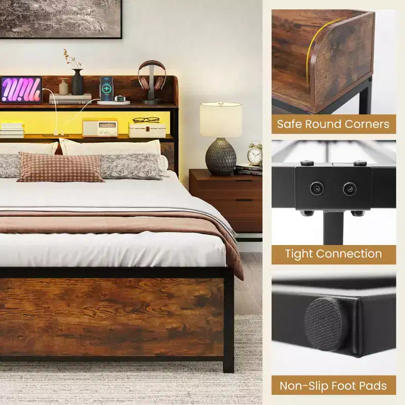 Cadre de lit double/grand lit/très grand lit avec lumières LED, prises de courant, tête de lit de rangement, support à lattes métalliques