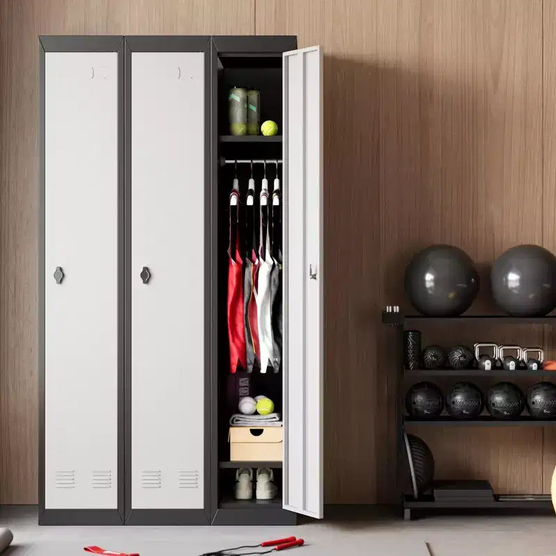 High-grade steel lockable storage cabinet with adjustable shelves and hanging rod, durable metal construction, suitable for offices, schools, gyms