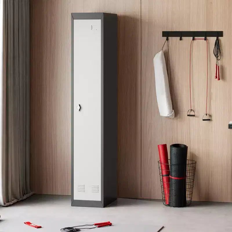 Armoire de rangement verrouillable en acier de haute qualité avec étagères réglables et tringle, construction métallique durable, adaptée aux bureaux, écoles, salles de sport
