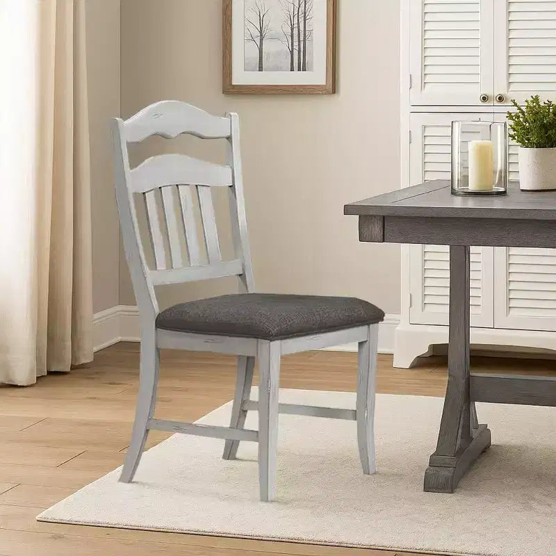 Royal Hampton Dining Chairs, Set of 2, Ladder Back, Classic White Wood, Gray Fabric