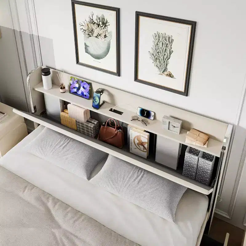 COZONY Upholstered Platform Bed with Charging Station, Headboard Shelf 4 Storage Drawers No Box Spring