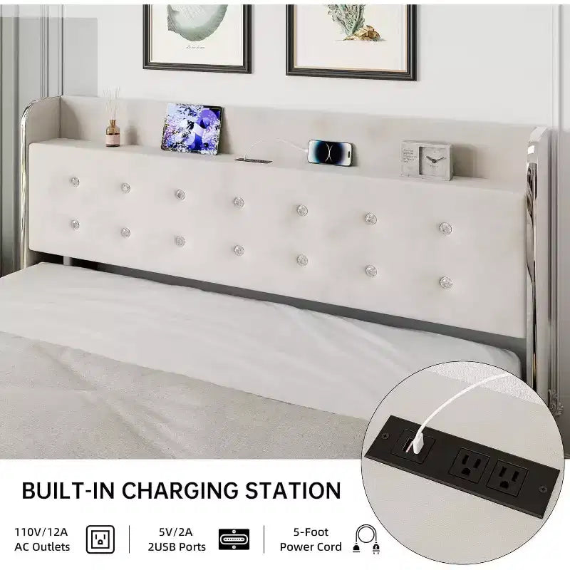 Lit plateforme rembourré avec station de recharge, étagère de tête de lit et 4 tiroirs de rangement – Aucun sommier tapissier requis