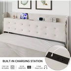 Lit plateforme rembourré avec station de recharge, étagère de tête de lit et 4 tiroirs de rangement – Aucun sommier tapissier requis