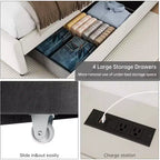 Lit plateforme rembourré avec station de recharge, étagère de tête de lit et 4 tiroirs de rangement – Aucun sommier tapissier requis