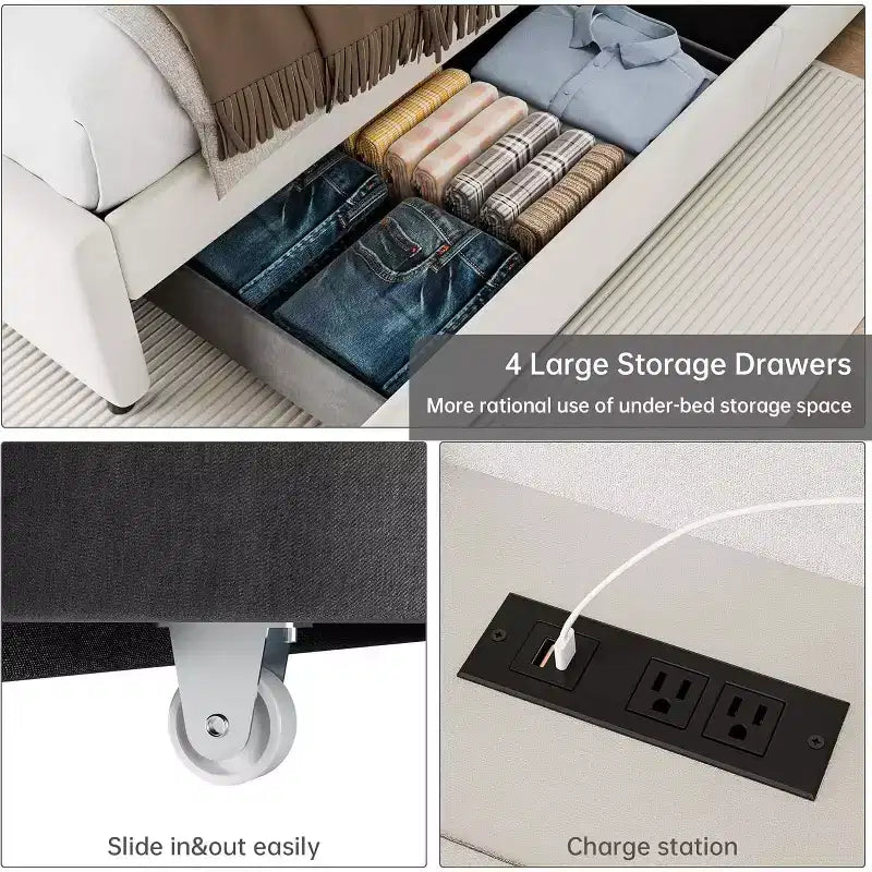 Lit plateforme rembourré avec station de recharge, étagère de tête de lit et 4 tiroirs de rangement – Aucun sommier tapissier requis