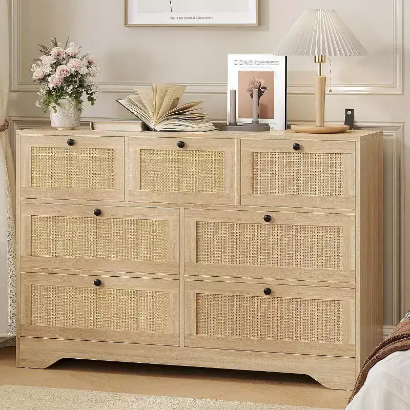 Rattan Farmhouse Modern 7 Drawer Dresser, Wooden Storage Organizer for Closet, Living Room, Entryway, Hallway, Oak