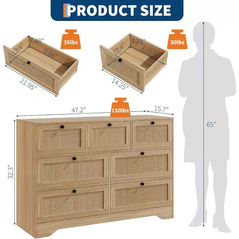 Commode en rotin style moderne de ferme à 7 tiroirs, meuble de rangement en bois pour placard, salon, entrée, couloir, chêne