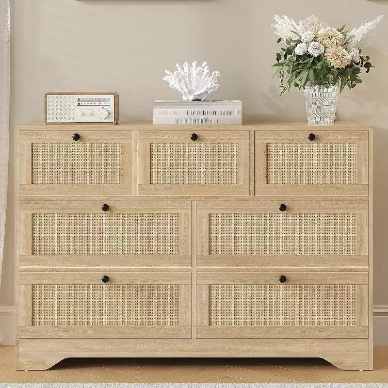 Commode en rotin style moderne de ferme à 7 tiroirs, meuble de rangement en bois pour placard, salon, entrée, couloir, chêne