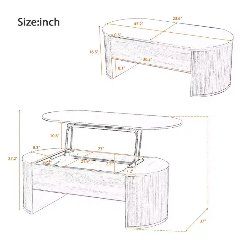 Table basse relevable de 47,2 po, table de centre ovale en bois avec rangement caché, table de salon moderne pour salon, chambre à coucher, bureau