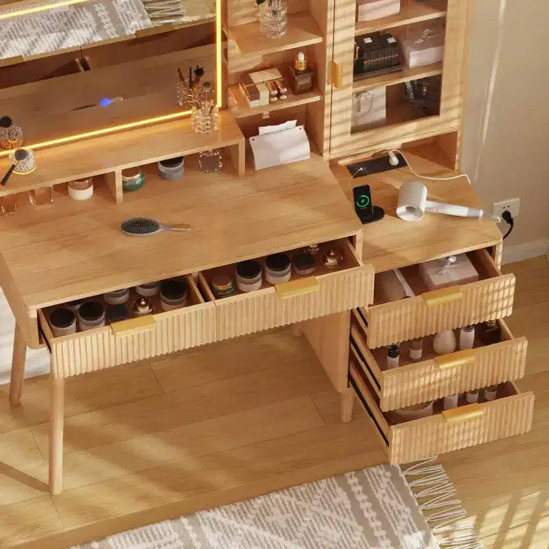 Coiffeuse avec prise de courant, Grande coiffeuse moderne cannelée avec miroir éclairé HD 23,6 pouces, 5 tiroirs et étagère de rangement