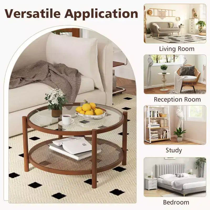 Table basse ronde de 31 po avec plateau en verre trempé et étagère en rotin