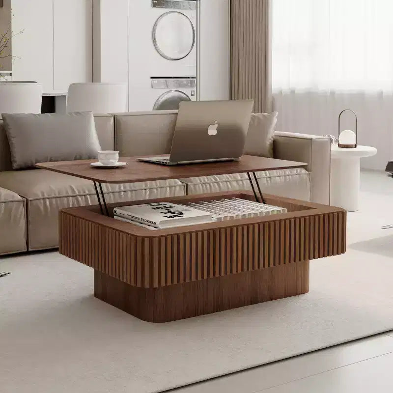 Table basse relevable cannelée JVNOXK 38,6 po avec rangement, table d'appoint moderne à hauteur réglable en placage de bois massif pour salon, chambre à coucher, noyer