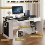 Bureau moderne cannelé GDFStudio Haoran 55 avec prise électrique, tablette pour clavier, porte et tiroirs