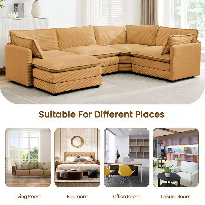 Canapé sectionnel modulaire moderne 5 places en velours côtelé, surdimensionné, 288 cm (L) x 201 cm (l), avec pouf, canapé en forme de U avec canapé d'angle, HYLEORY