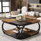 Table basse carrée de 40 pouces à 2 niveaux, table basse de style ferme avec étagère de rangement pour salon, marron rustique noir