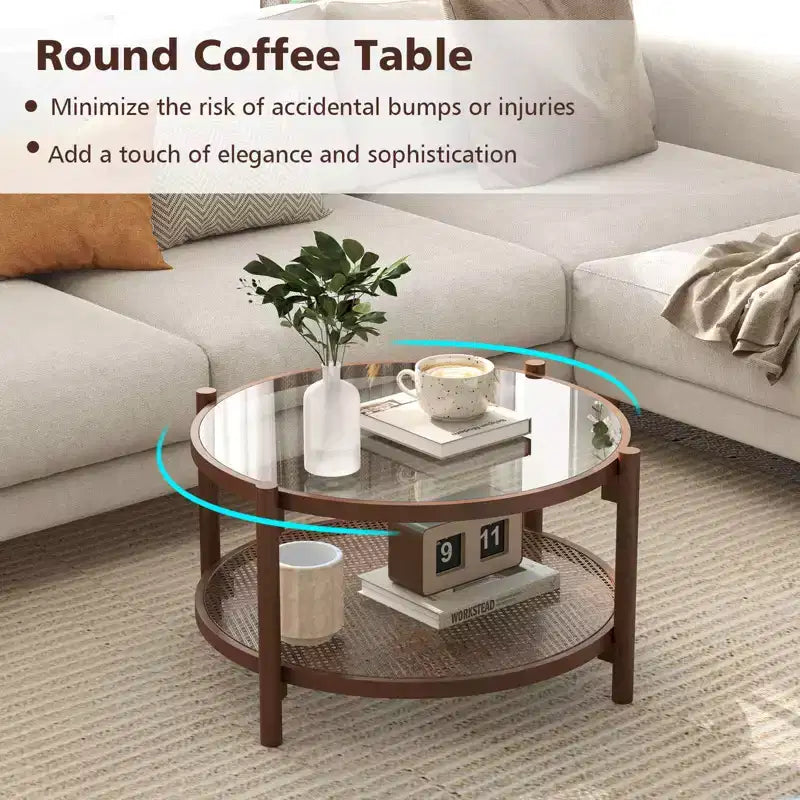Table basse ronde de 31 po avec plateau en verre trempé et étagère en rotin