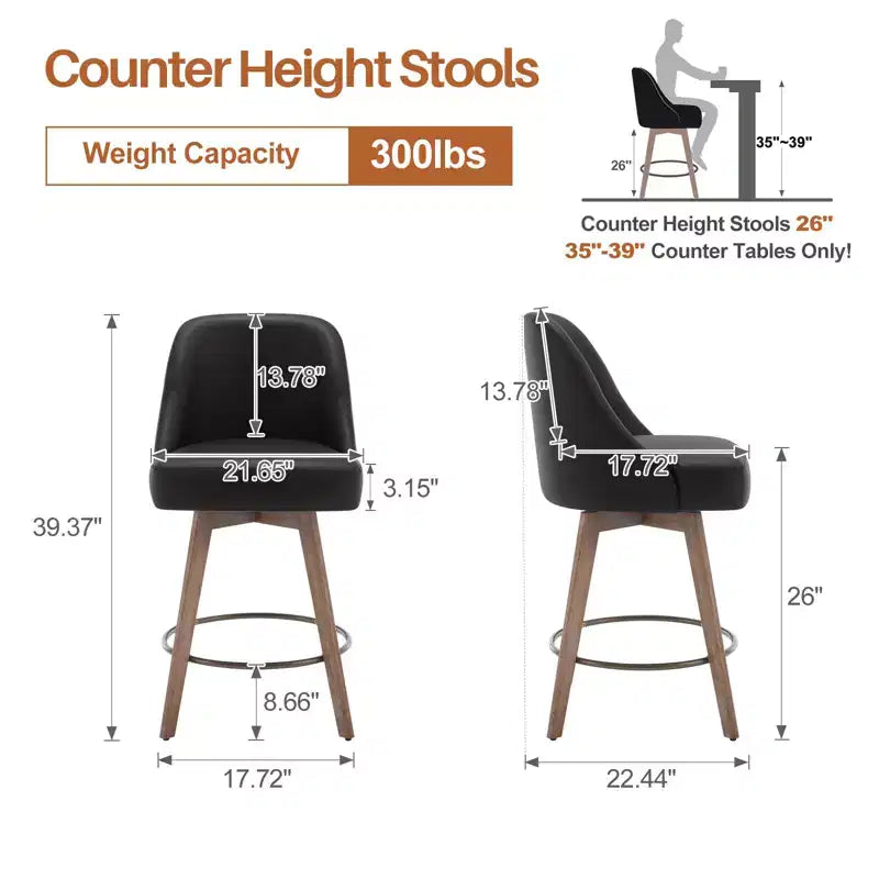 Lot de 4 tabourets de bar pivotants Bekrvio 26 pouces à hauteur de comptoir avec dossiers et pieds en bois, tabourets de bar rembourrés en tissu lin/similicuir pour îlot de cuisine