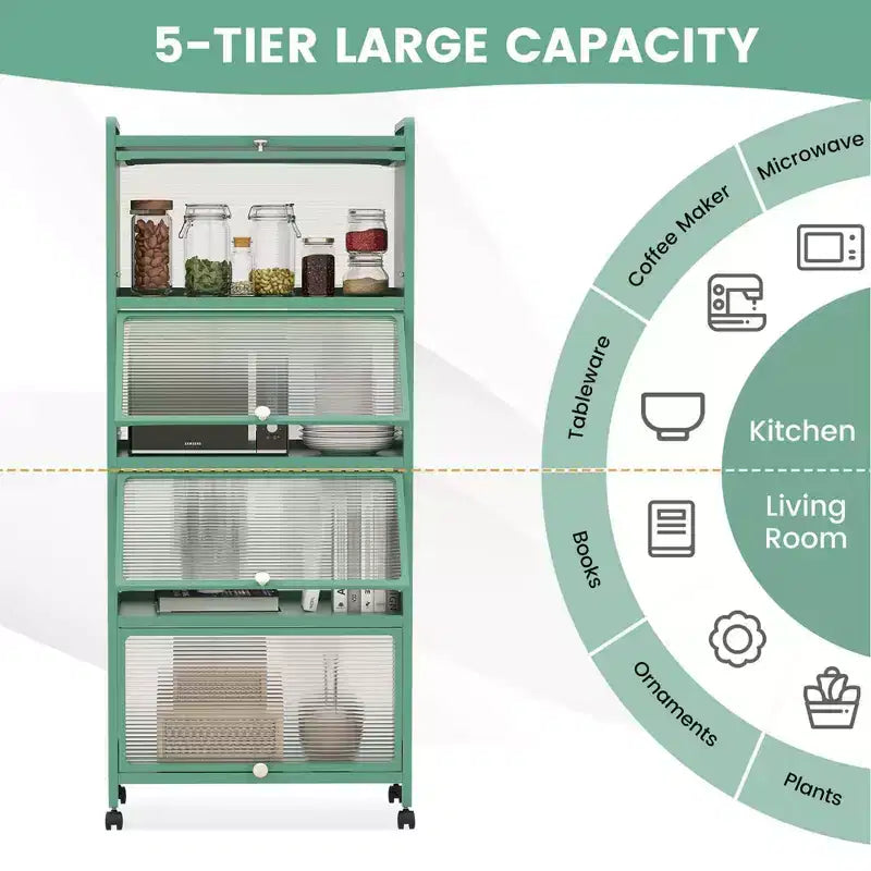Meuble de rangement de cuisine Costway à 5 niveaux, desserte mobile pour micro-ondes avec portes basculantes, blanc/noir/gris/vert