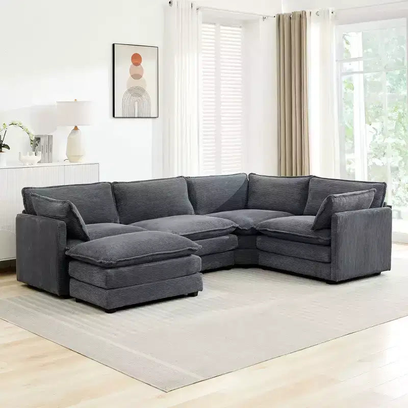 Canapé sectionnel modulaire moderne 5 places en velours côtelé, surdimensionné, 288 cm (L) x 201 cm (l), avec pouf, canapé en forme de U avec canapé d'angle, HYLEORY