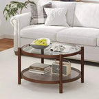 Table basse ronde de 31 po avec plateau en verre trempé et étagère en rotin