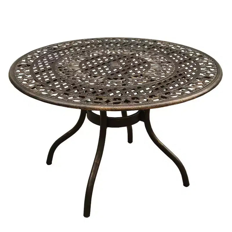 Ensemble de salle à manger de patio 5 pièces, table ronde de 48 po à motif grillagé traditionnel en aluminium, fini bronze résistant aux UV - Oakland Living : sièges d'extérieur pour quatre personnes