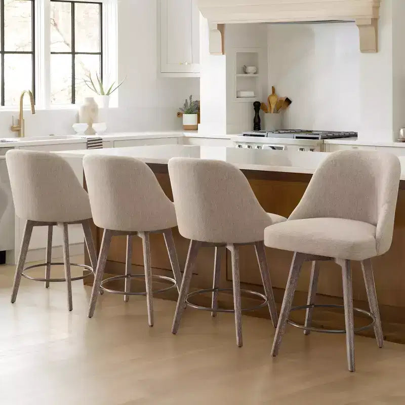 Lot de 4 tabourets de bar pivotants Bekrvio 26 pouces à hauteur de comptoir avec dossiers et pieds en bois, tabourets de bar rembourrés en tissu lin/similicuir pour îlot de cuisine