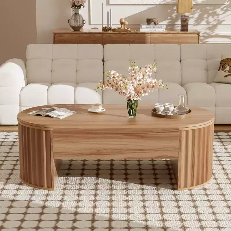 Table basse relevable de 47,2 po, table de centre ovale en bois avec rangement caché, table de salon moderne pour salon, chambre à coucher, bureau