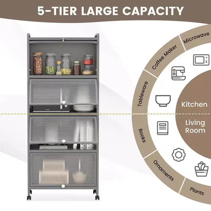 Meuble de rangement de cuisine Costway à 5 niveaux, desserte mobile pour micro-ondes avec portes basculantes, blanc/noir/gris/vert