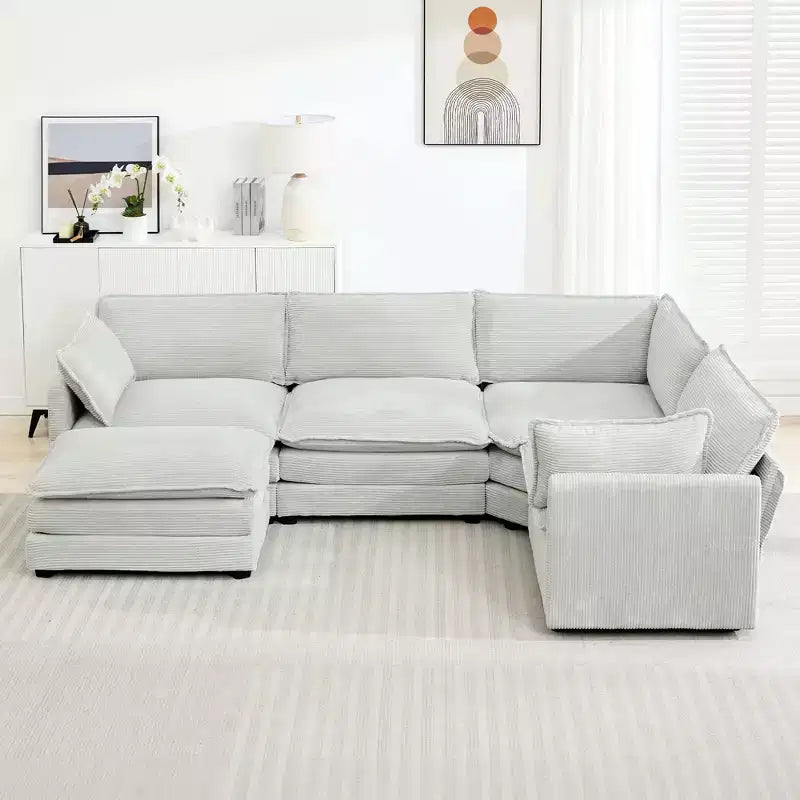 Canapé sectionnel modulaire moderne 5 places en velours côtelé, surdimensionné, 288 cm (L) x 201 cm (l), avec pouf, canapé en forme de U avec canapé d'angle, HYLEORY