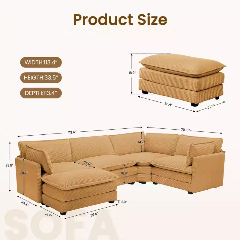 Canapé sectionnel modulaire moderne 5 places en velours côtelé, surdimensionné, 288 cm (L) x 201 cm (l), avec pouf, canapé en forme de U avec canapé d'angle, HYLEORY