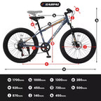 Vélo Okak 24 pouces Fat Tire avec suspension avant, VTT 7 vitesses avec frein à disque et cadre en acier à haute teneur en carbone, Vélo de randonnée pour les trajets quotidiens