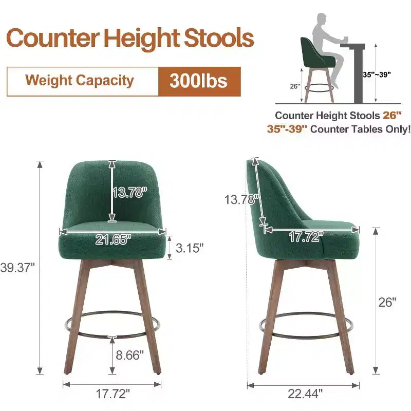 Lot de 4 tabourets de bar pivotants Bekrvio 26 pouces à hauteur de comptoir avec dossiers et pieds en bois, tabourets de bar rembourrés en tissu lin/similicuir pour îlot de cuisine