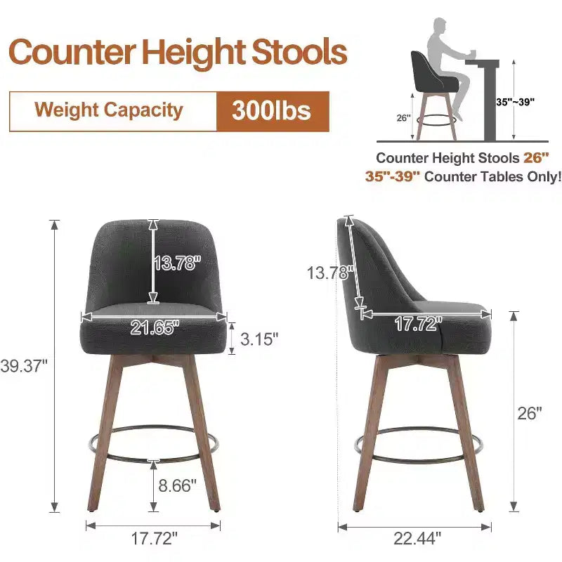 Lot de 4 tabourets de bar pivotants Bekrvio 26 pouces à hauteur de comptoir avec dossiers et pieds en bois, tabourets de bar rembourrés en tissu lin/similicuir pour îlot de cuisine